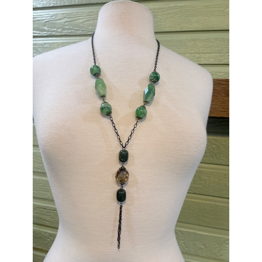 Green Faux Jade and Smoky Glass Bead Long Y-Necklace‎ with Tassel Bronze Tone